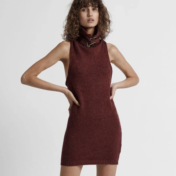 FREE PEOPLE One Teaspoon Turtleneck Knit Sweater Dress Buckle detail Burgundy - Picture 3 of 14